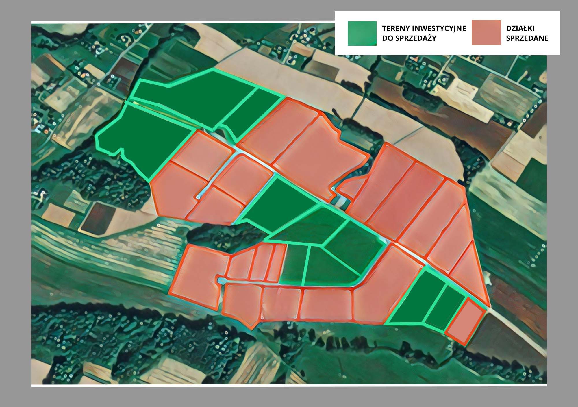 Mapa Jasienickiej Niskoemisyjnej Strefy Ekonomicznej - kolorem zielonym zaznaczone działki dostępne do sprzedaży, czerwonym sprzedane