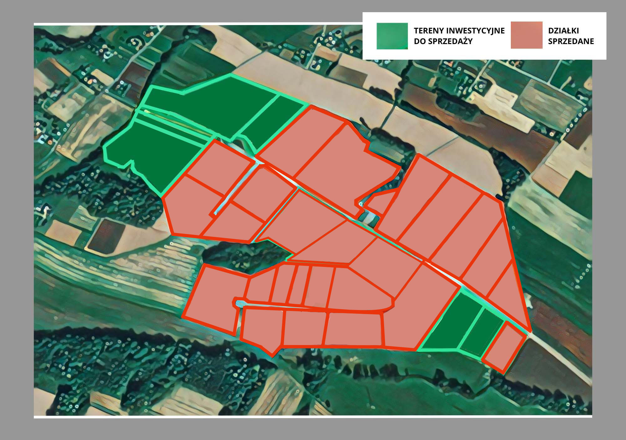 Mapka z terenami inwestycyjnymi do sprzedaży. 